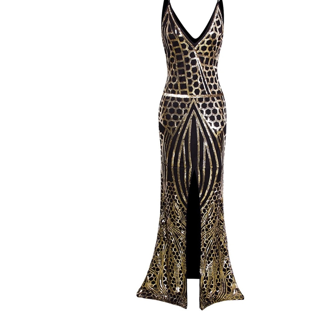 1920s Black and Gold Sequin Mermaid Flapper Dress / Gown